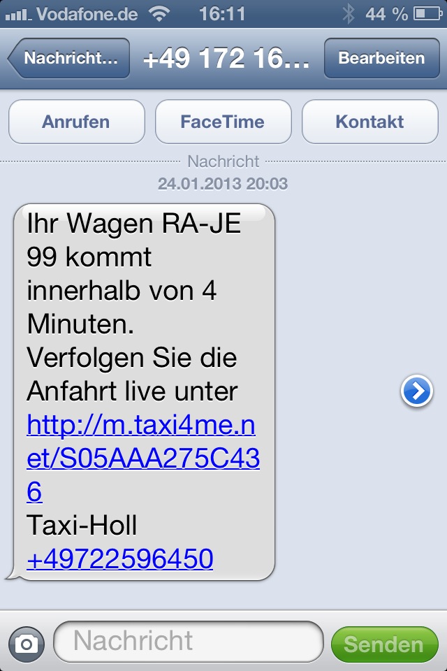 SMS-Taxi-Auftragsbestätigung